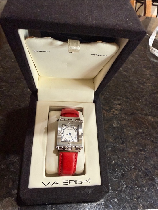 Via Spiga Accessories - Via Spiga Red Leather Strap Silver-Tone Square Watch